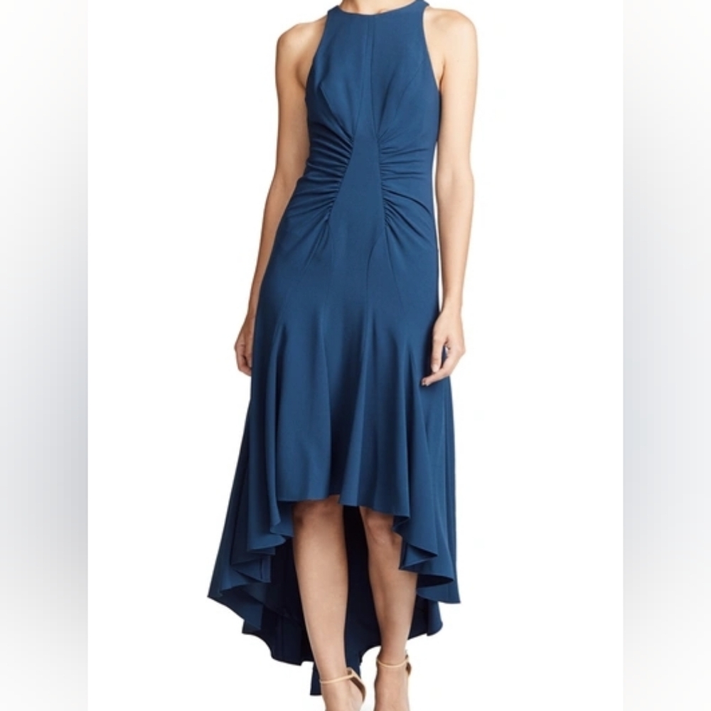 NEW Halston Heritage Women's Sz 10 High-low Halter Dress W/ Ruched Details Teal